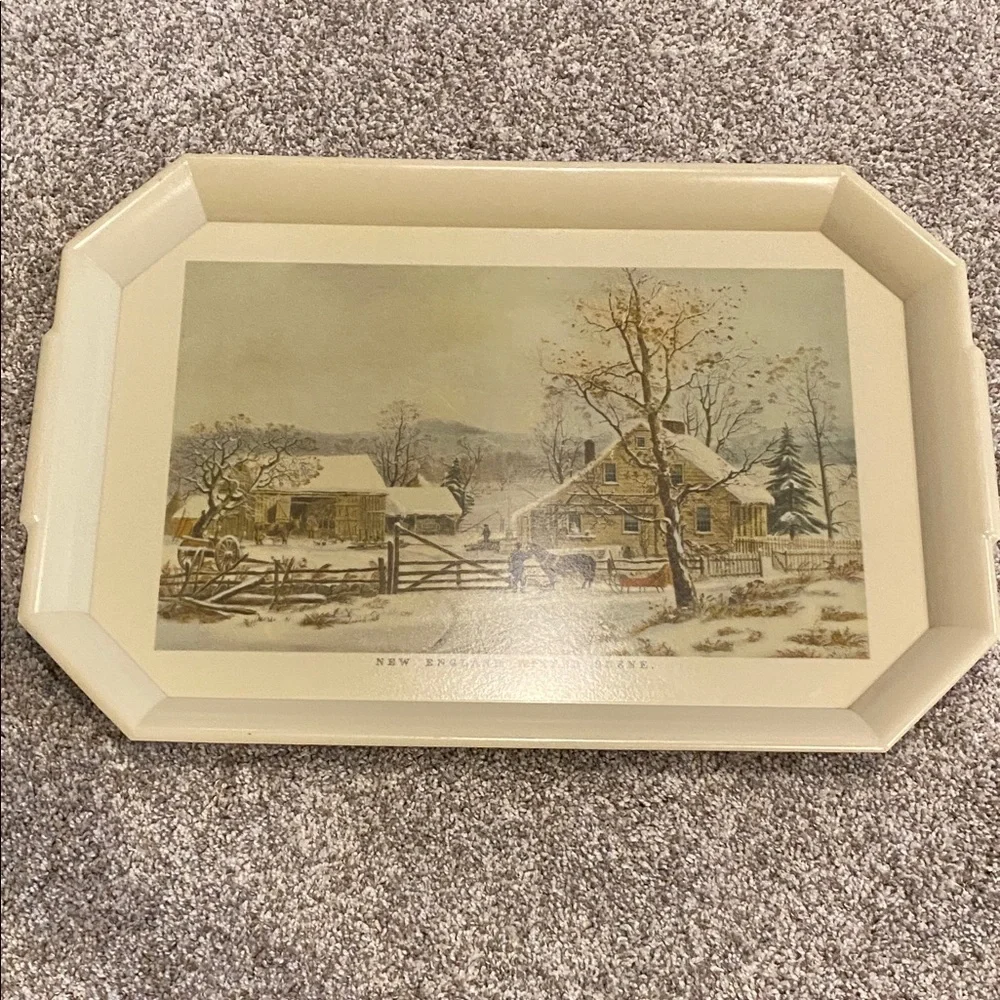 Vintage Style Cream Serving Tray. New England Winter Scene.